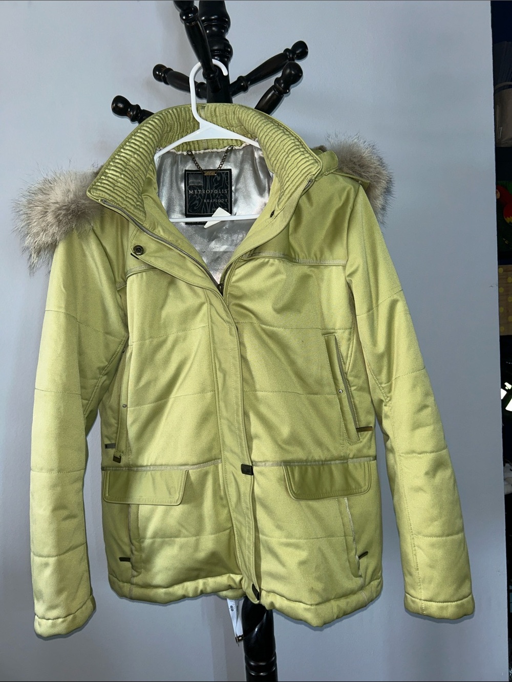 Women's Light Green Hooded Parka Jacket with Faux Fur Trim